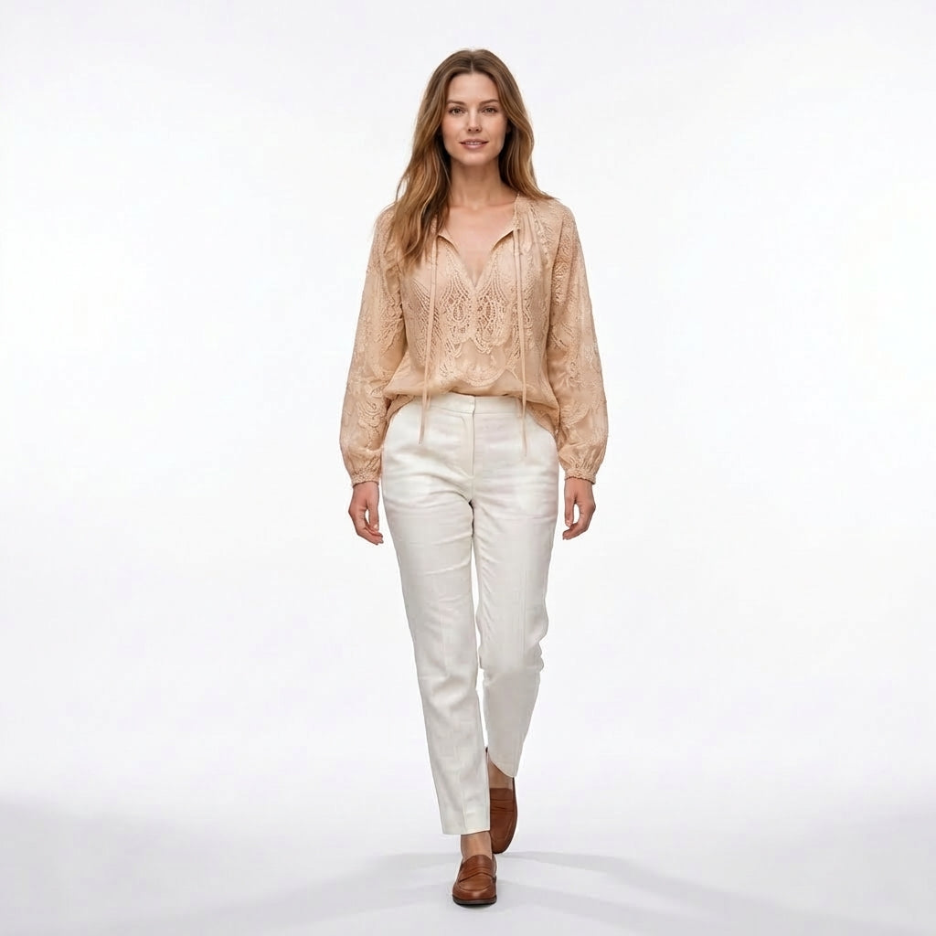 Women's Long Sleeve Drawstring V Neck Textured Openwork Blouse with Gathered Elastic Cuffs and Relaxed Fit