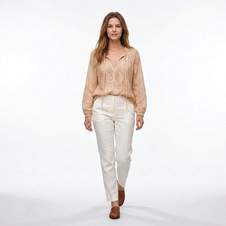 Women's Long Sleeve Drawstring V Neck Textured Openwork Blouse with Gathered Elastic Cuffs and Relaxed Fit