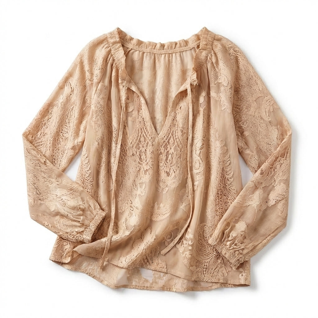 Women's Long Sleeve Drawstring V Neck Textured Openwork Blouse with Gathered Elastic Cuffs and Relaxed Fit