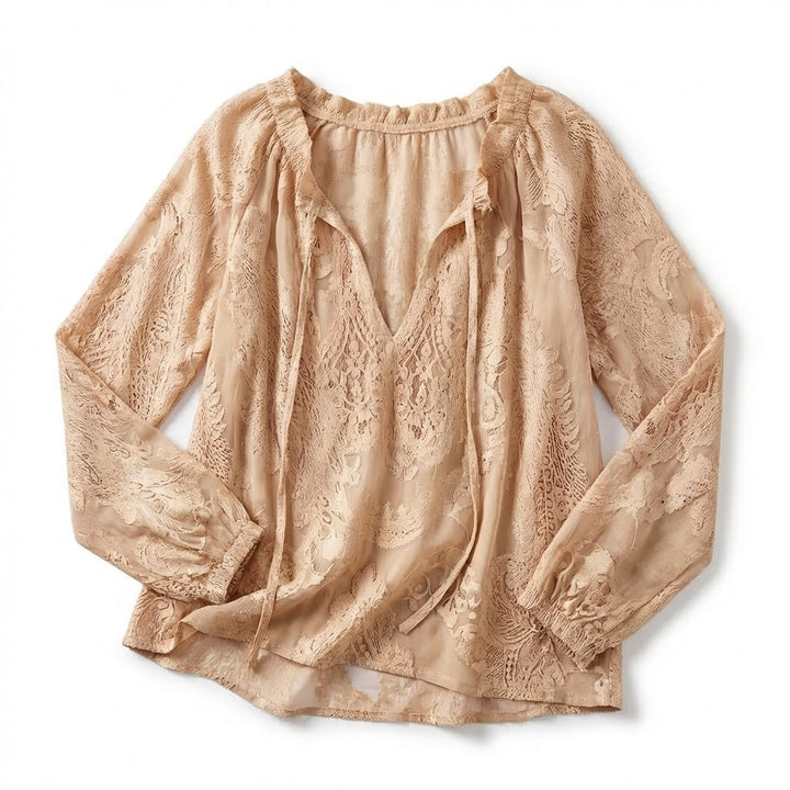 Women's Long Sleeve Drawstring V Neck Textured Openwork Blouse with Gathered Elastic Cuffs and Relaxed Fit