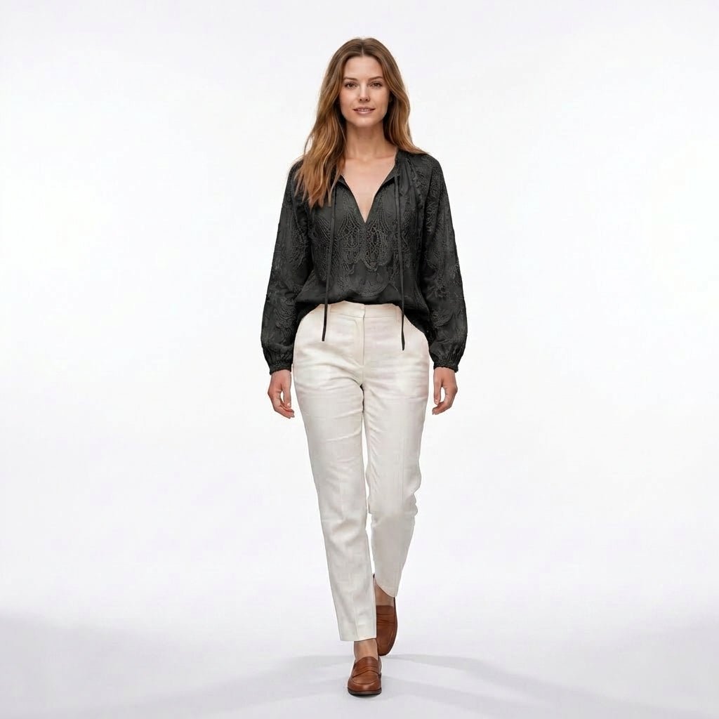 Women's Long Sleeve Drawstring V Neck Textured Openwork Blouse with Gathered Elastic Cuffs and Relaxed Fit