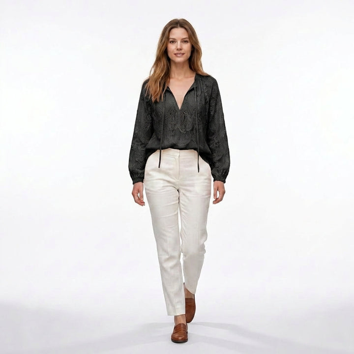 Women's Long Sleeve Drawstring V Neck Textured Openwork Blouse with Gathered Elastic Cuffs and Relaxed Fit
