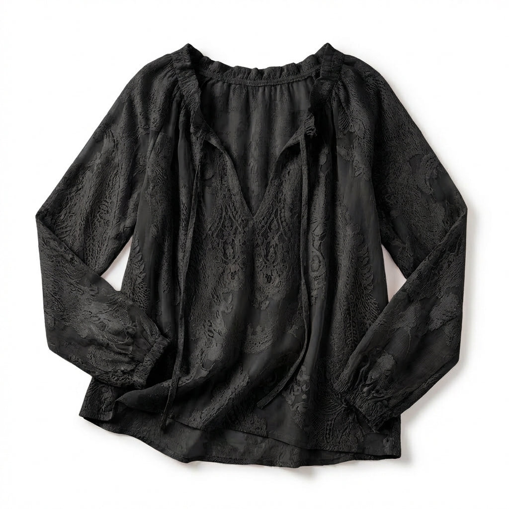 Women's Long Sleeve Drawstring V Neck Textured Openwork Blouse with Gathered Elastic Cuffs and Relaxed Fit