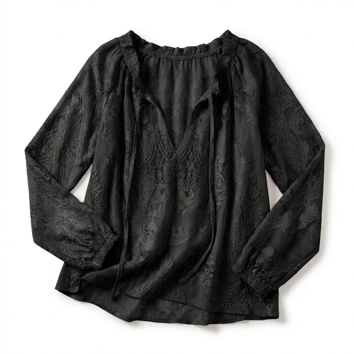 Women's Long Sleeve Drawstring V Neck Textured Openwork Blouse with Gathered Elastic Cuffs and Relaxed Fit