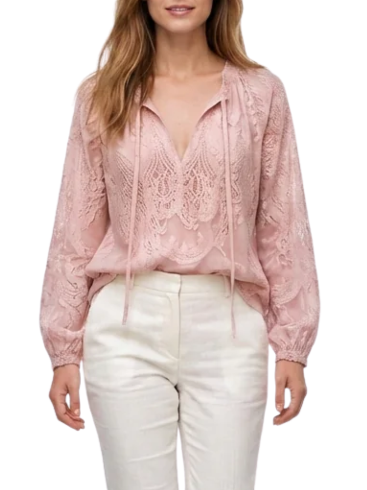 Women's Long Sleeve Drawstring V Neck Textured Openwork Blouse with Gathered Elastic Cuffs and Relaxed Fit