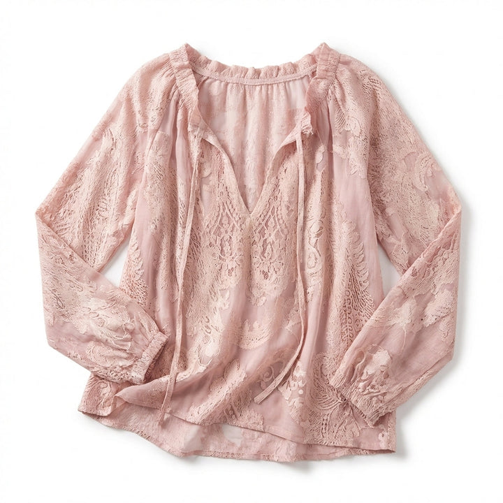 Women's Long Sleeve Drawstring V Neck Textured Openwork Blouse with Gathered Elastic Cuffs and Relaxed Fit