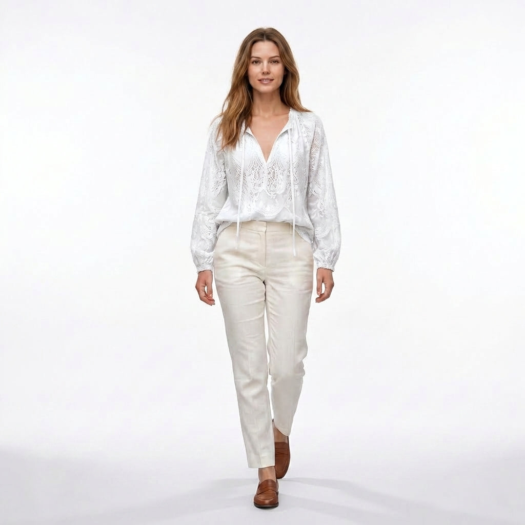 Women's Long Sleeve Drawstring V Neck Textured Openwork Blouse with Gathered Elastic Cuffs and Relaxed Fit