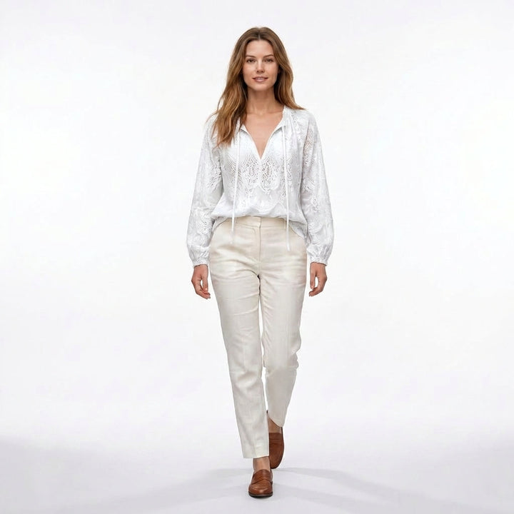 Women's Long Sleeve Drawstring V Neck Textured Openwork Blouse with Gathered Elastic Cuffs and Relaxed Fit