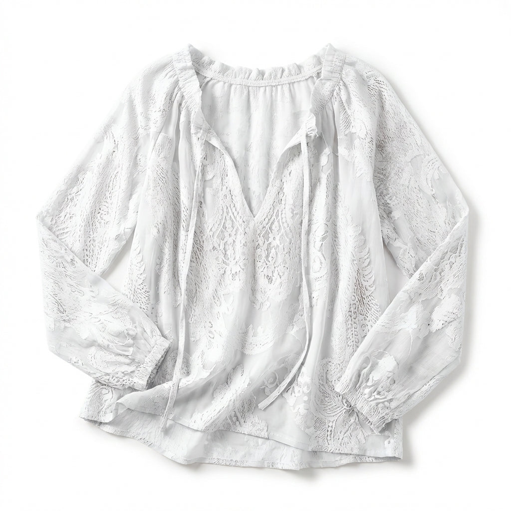 Women's Long Sleeve Drawstring V Neck Textured Openwork Blouse with Gathered Elastic Cuffs and Relaxed Fit