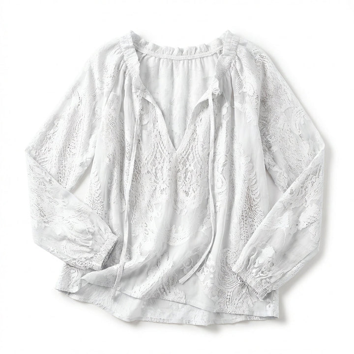 Women's Long Sleeve Drawstring V Neck Textured Openwork Blouse with Gathered Elastic Cuffs and Relaxed Fit
