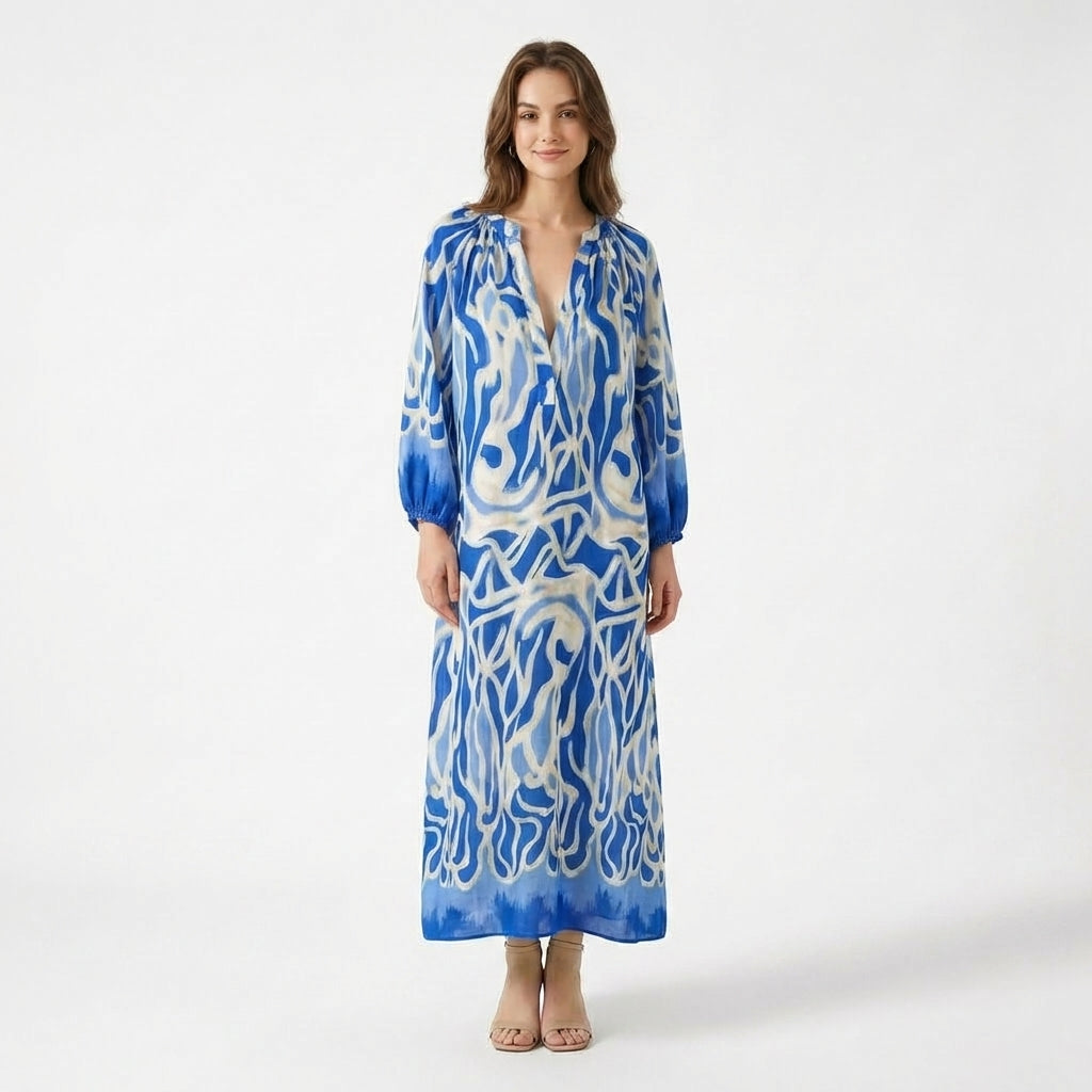 Women's Long Sleeve Gathered Shoulder V Neck Abstract Swirl Print Maxi Dress with Elastic Cuffs and Contrast Hem Border