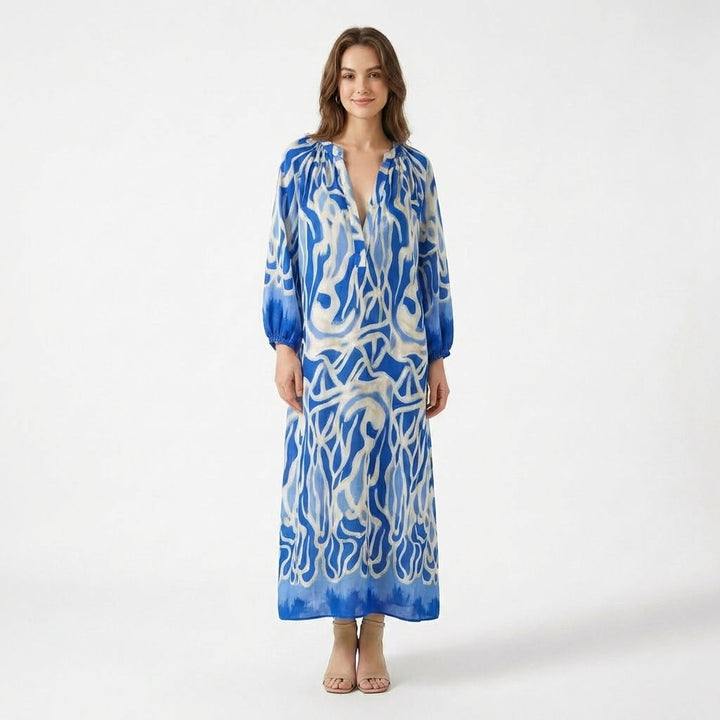 Women's Long Sleeve Gathered Shoulder V Neck Abstract Swirl Print Maxi Dress with Elastic Cuffs and Contrast Hem Border