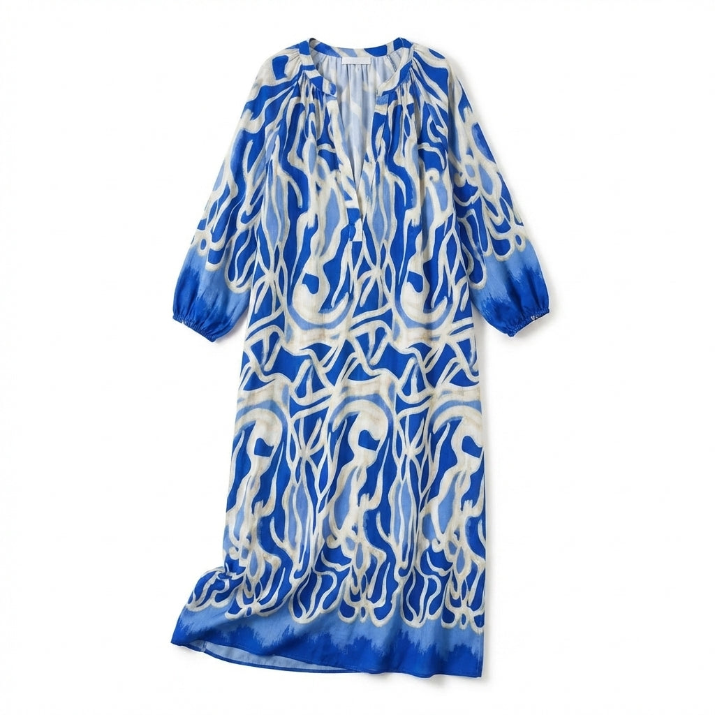 Women's Long Sleeve Gathered Shoulder V Neck Abstract Swirl Print Maxi Dress with Elastic Cuffs and Contrast Hem Border