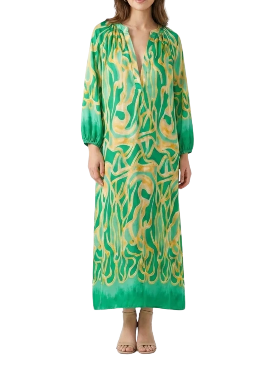 Women's Long Sleeve Gathered Shoulder V Neck Abstract Swirl Print Maxi Dress with Elastic Cuffs and Contrast Hem Border