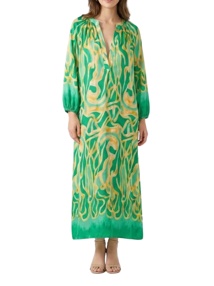 Women's Long Sleeve Gathered Shoulder V Neck Abstract Swirl Print Maxi Dress with Elastic Cuffs and Contrast Hem Border