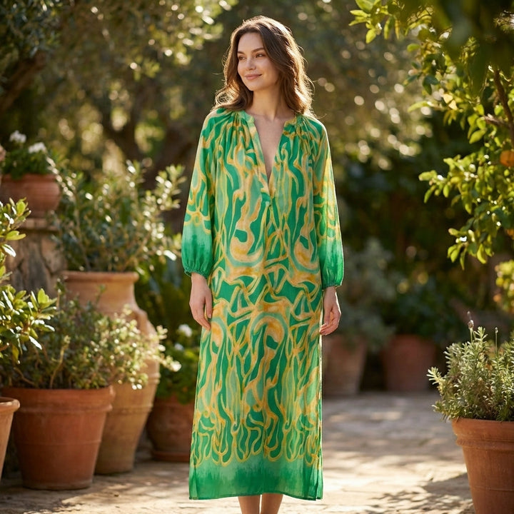 Women's Long Sleeve Gathered Shoulder V Neck Abstract Swirl Print Maxi Dress with Elastic Cuffs and Contrast Hem Border