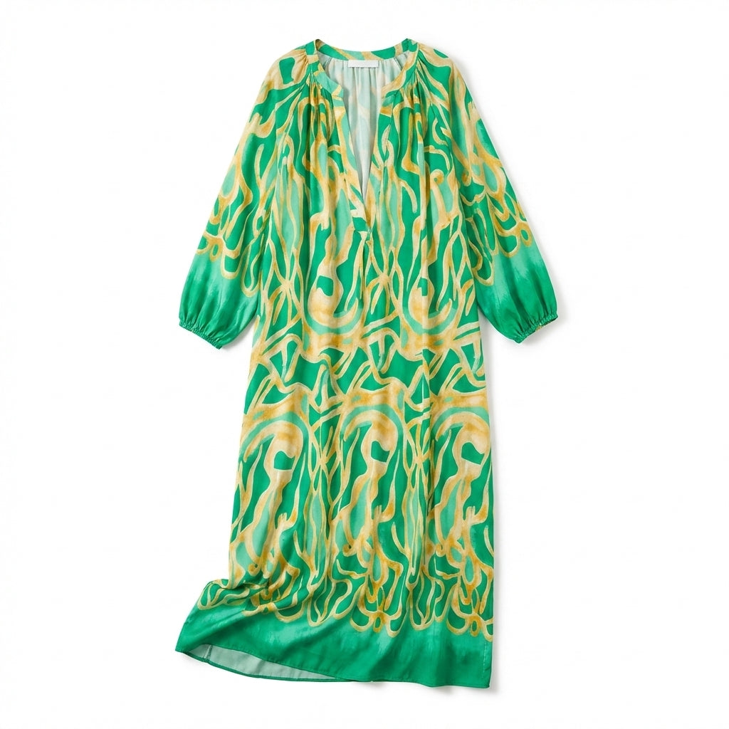 Women's Long Sleeve Gathered Shoulder V Neck Abstract Swirl Print Maxi Dress with Elastic Cuffs and Contrast Hem Border