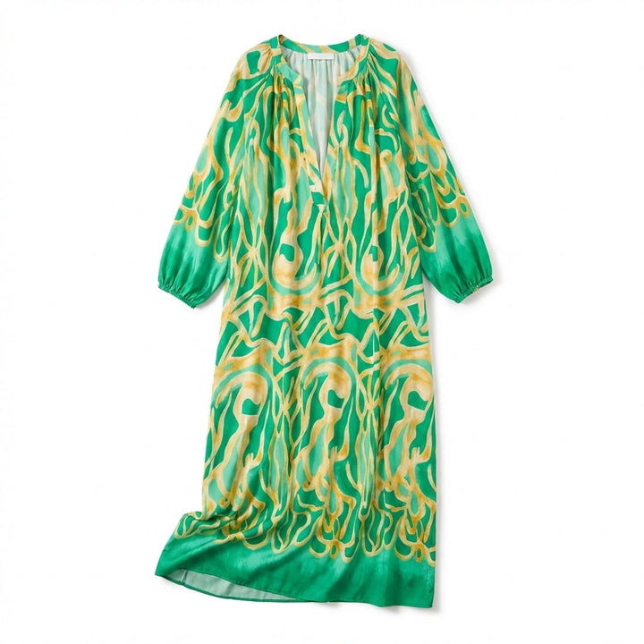 Women's Long Sleeve Gathered Shoulder V Neck Abstract Swirl Print Maxi Dress with Elastic Cuffs and Contrast Hem Border