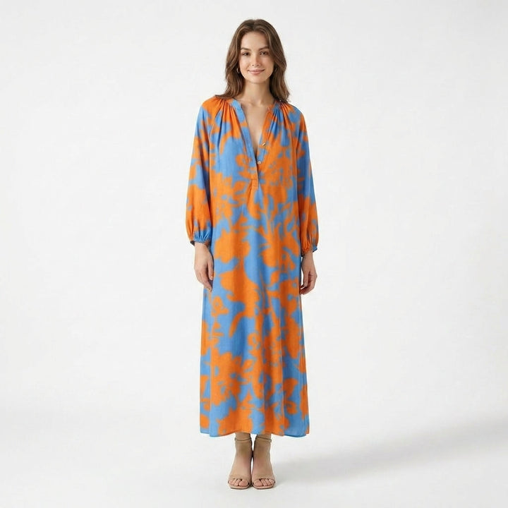 Women's Long Sleeve Gathered Shoulder V Neck Abstract Swirl Print Maxi Dress with Elastic Cuffs and Contrast Hem Border