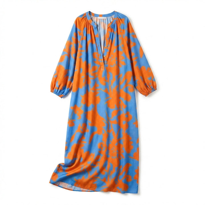 Women's Long Sleeve Gathered Shoulder V Neck Abstract Swirl Print Maxi Dress with Elastic Cuffs and Contrast Hem Border