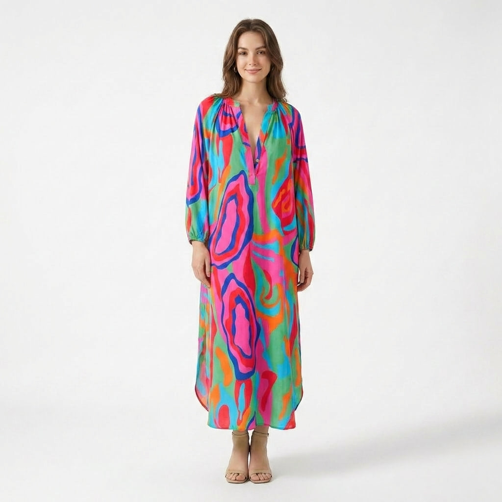 Women's Long Sleeve Gathered Shoulder V Neck Abstract Swirl Print Maxi Dress with Elastic Cuffs and Contrast Hem Border