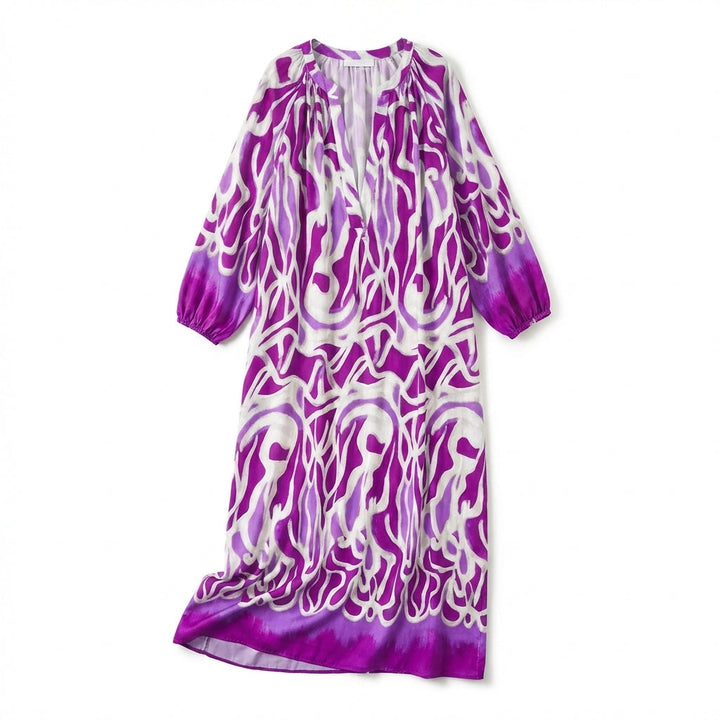 Women's Long Sleeve Gathered Shoulder V Neck Abstract Swirl Print Maxi Dress with Elastic Cuffs and Contrast Hem Border