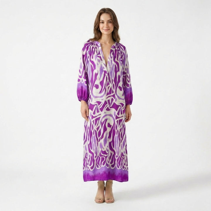 Women's Long Sleeve Gathered Shoulder V Neck Abstract Swirl Print Maxi Dress with Elastic Cuffs and Contrast Hem Border