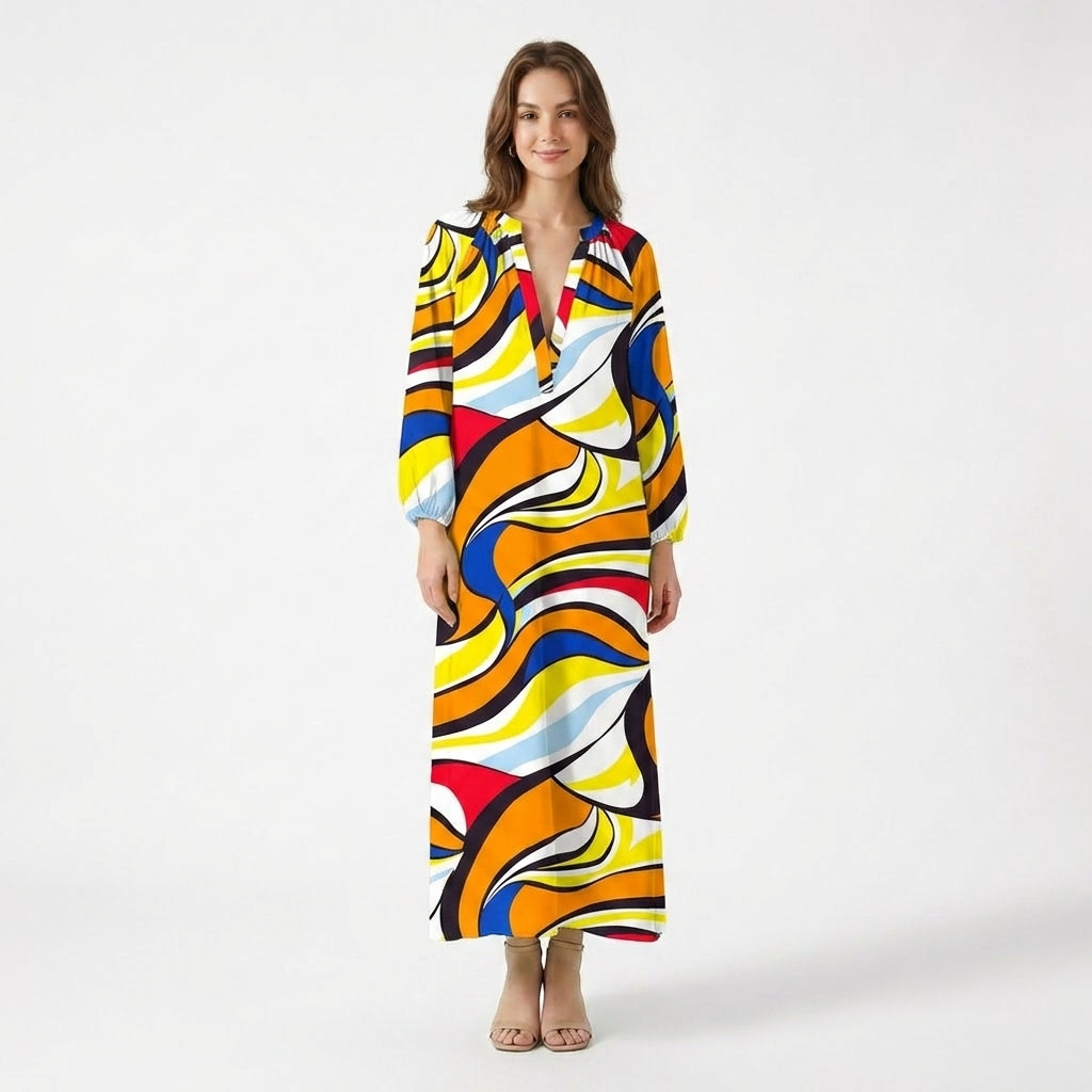 Women's Long Sleeve Gathered Shoulder V Neck Abstract Swirl Print Maxi Dress with Elastic Cuffs and Contrast Hem Border