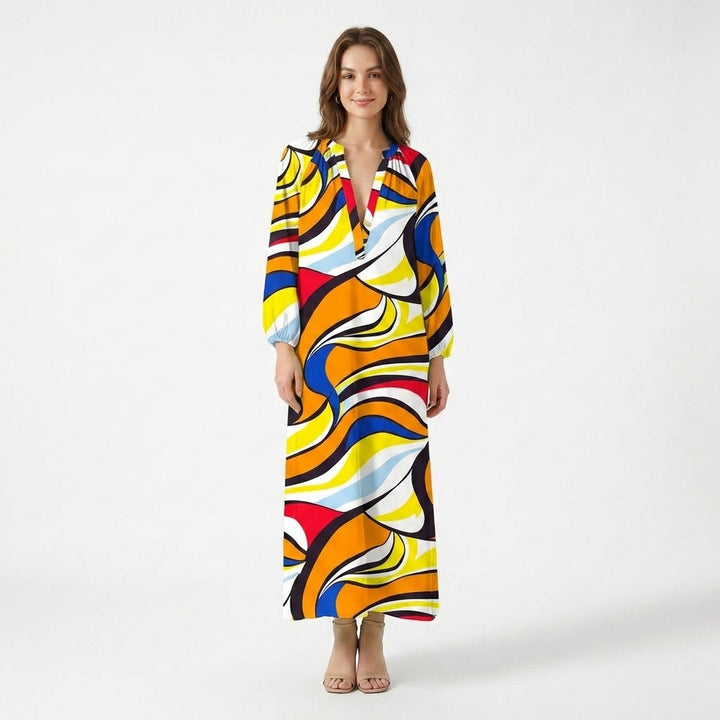 Women's Long Sleeve Gathered Shoulder V Neck Abstract Swirl Print Maxi Dress with Elastic Cuffs and Contrast Hem Border