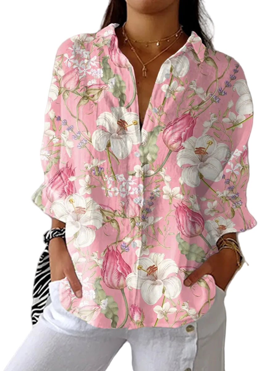 Women's Long Sleeve Open Shirt Collar Button Through Front Large Scale Botanical Tulip Floral Print Relaxed Fit Blouse