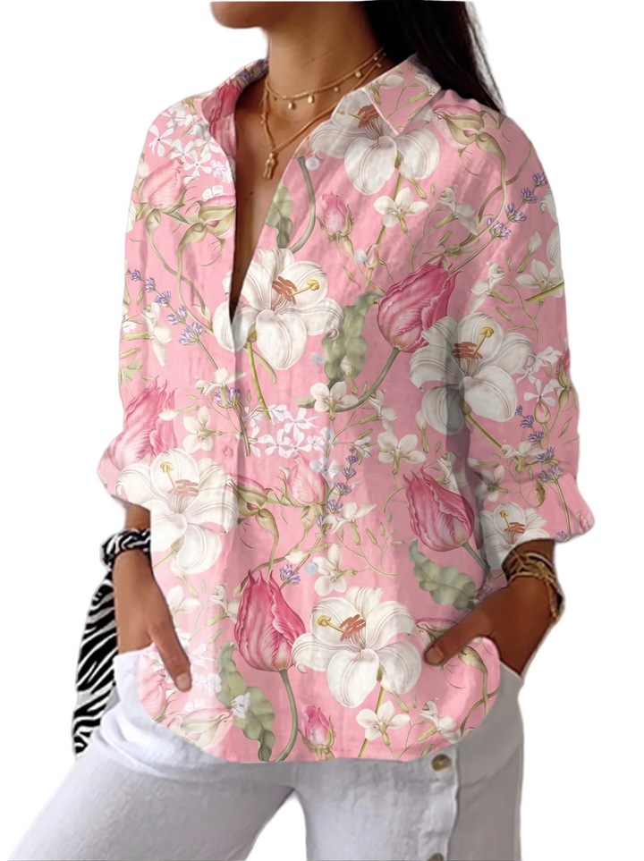 Women's Long Sleeve Open Shirt Collar Button Through Front Large Scale Botanical Tulip Floral Print Relaxed Fit Blouse