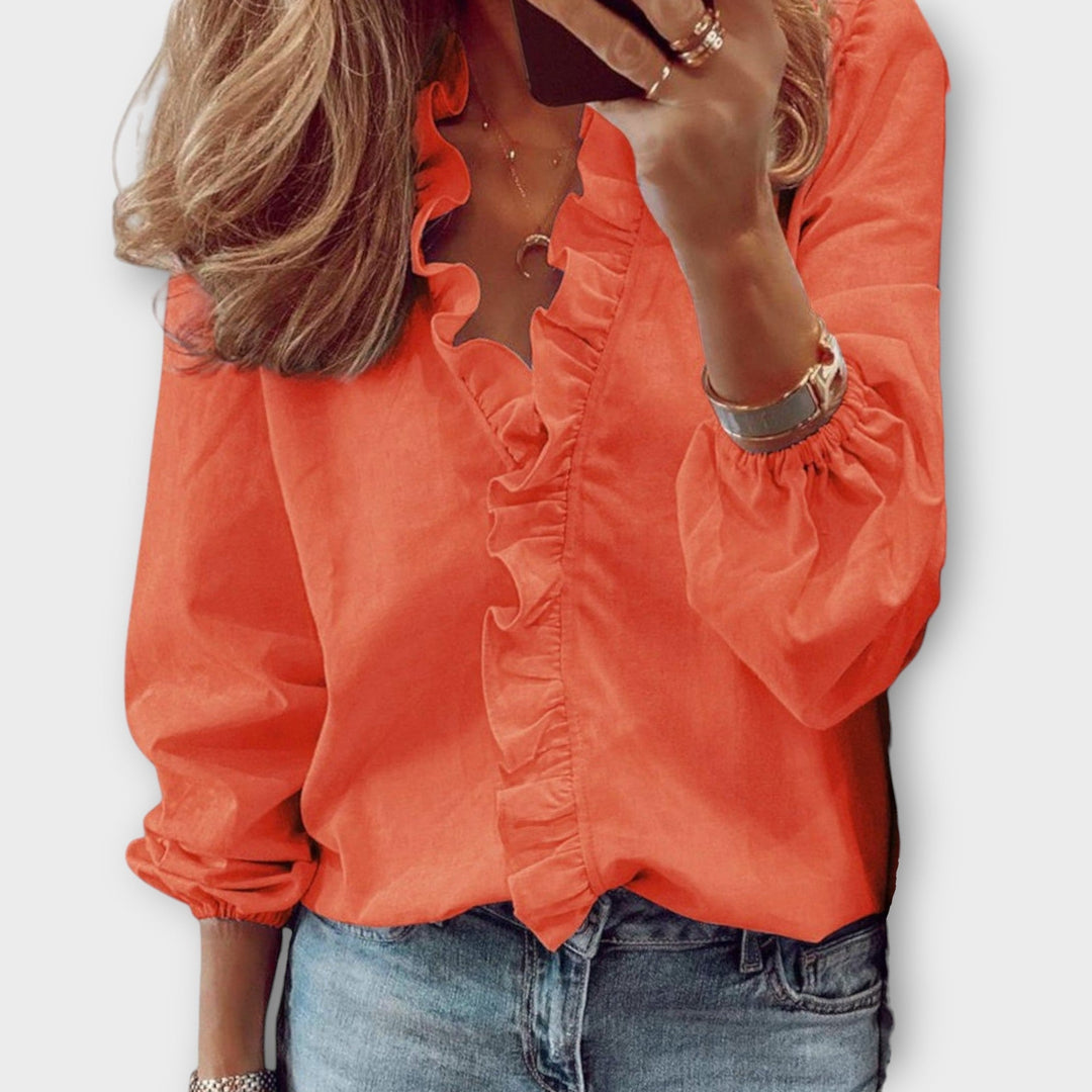 Women's Long Sleeve Relaxed Fit Ruffle Trim V Neck Blouse with Gathered Elastic Cuffs and Unprinted Solid Body