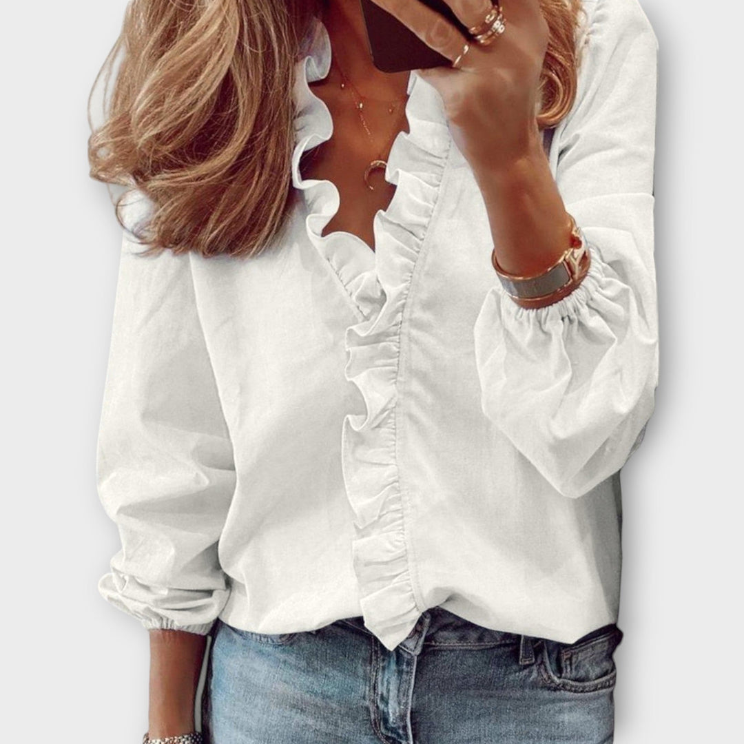 Women's Long Sleeve Relaxed Fit Ruffle Trim V Neck Blouse with Gathered Elastic Cuffs and Unprinted Solid Body