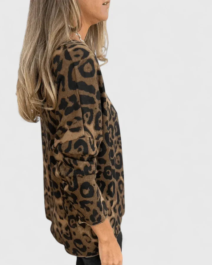 Women's Long Sleeve Round Neck All Over Leopard Animal Print Relaxed Oversized Fit Blouse Top