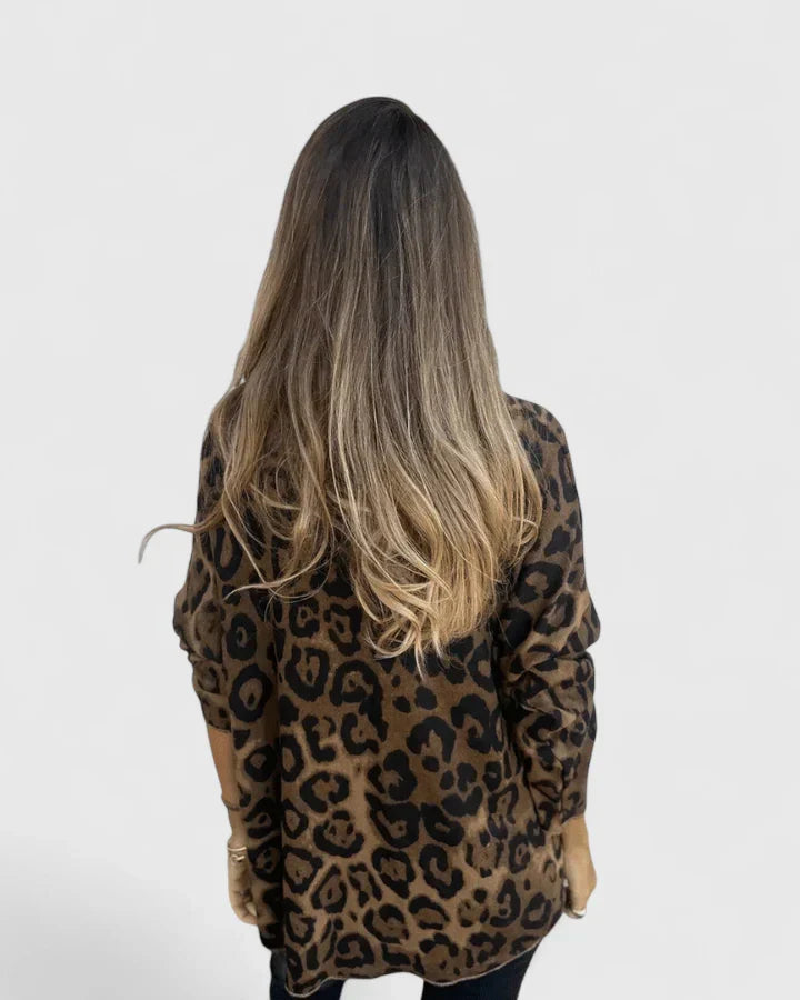 Women's Long Sleeve Round Neck All Over Leopard Animal Print Relaxed Oversized Fit Blouse Top