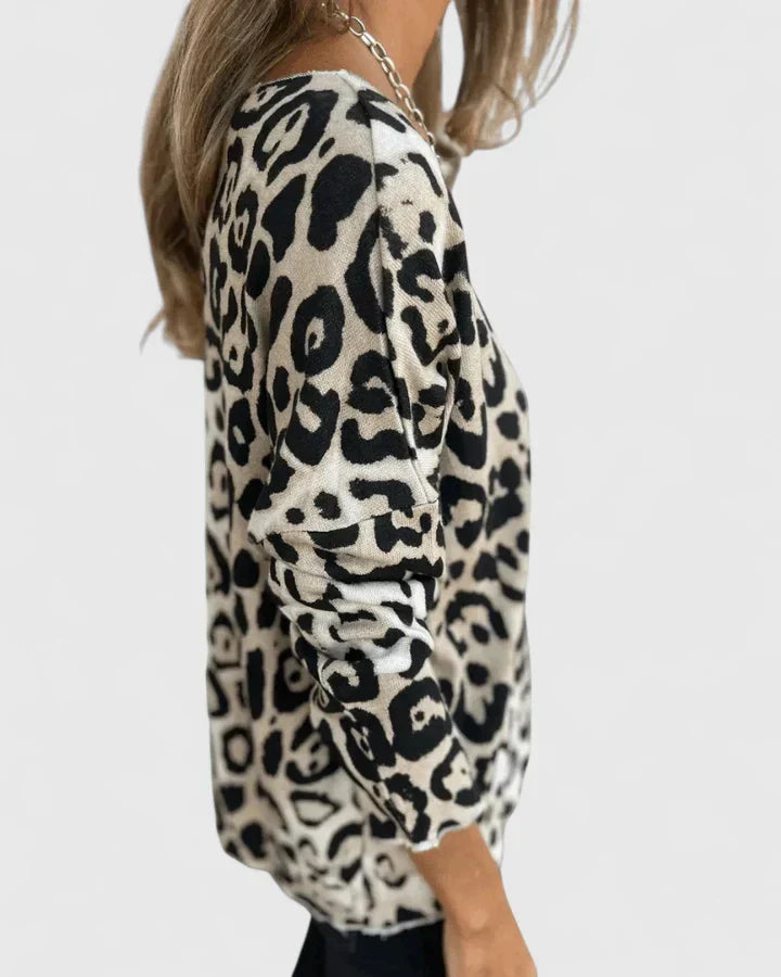 Women's Long Sleeve Round Neck All Over Leopard Animal Print Relaxed Oversized Fit Blouse Top