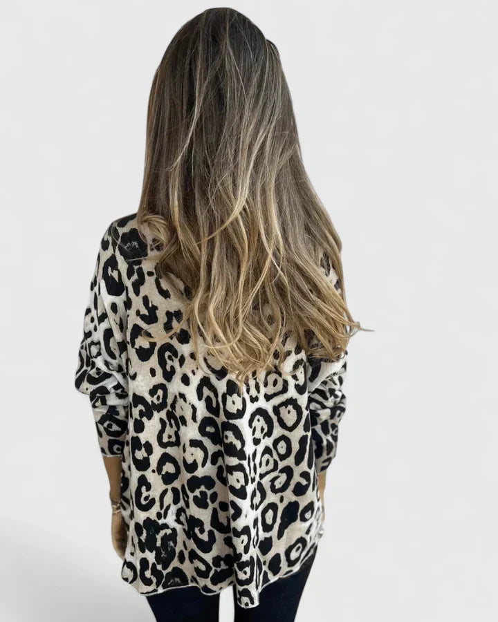 Women's Long Sleeve Round Neck All Over Leopard Animal Print Relaxed Oversized Fit Blouse Top