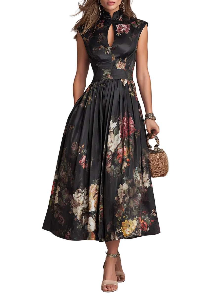 Women's Mandarin Collar Keyhole Frog Button Cap Sleeve Gathered A-Line Floral Print Midi Dress with Side Pockets