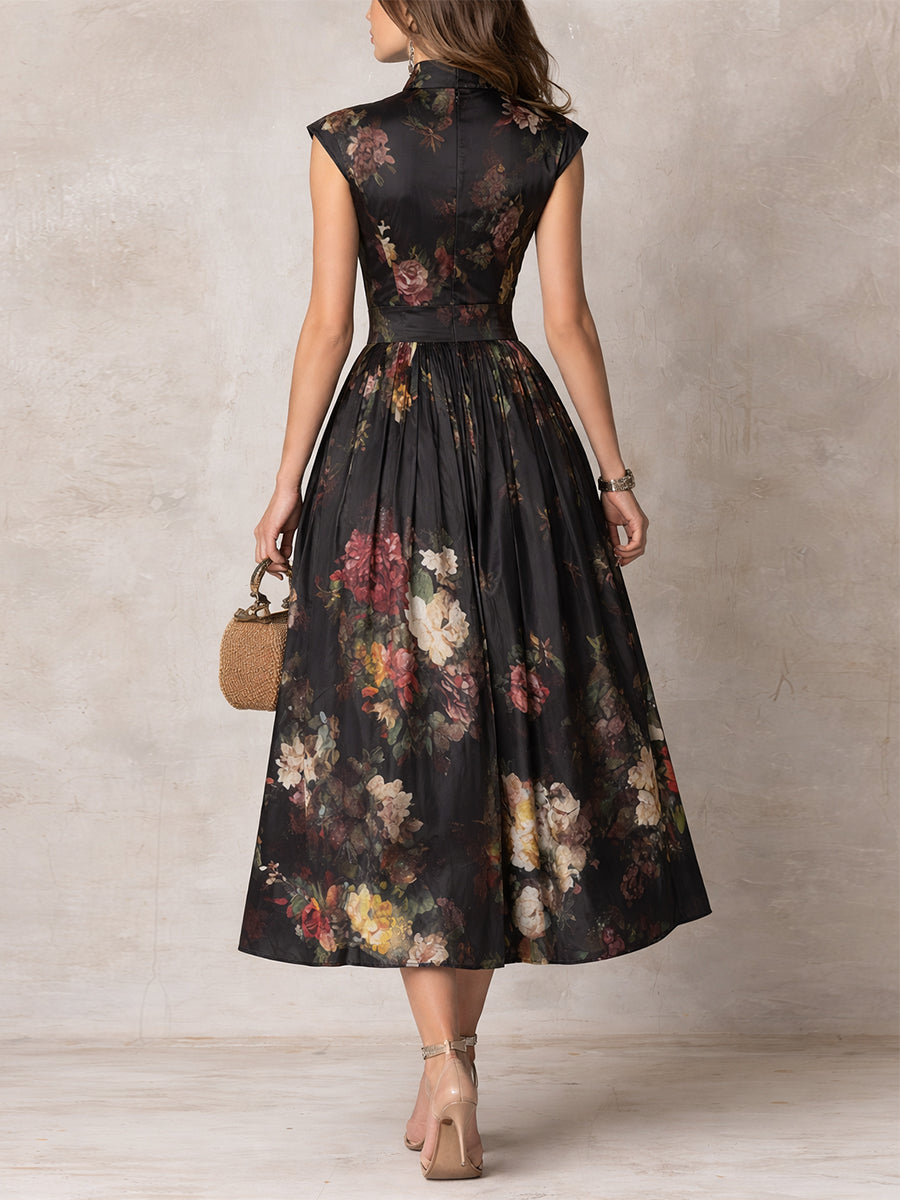 Women's Mandarin Collar Keyhole Frog Button Cap Sleeve Gathered A-Line Floral Print Midi Dress with Side Pockets