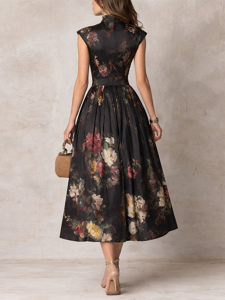 Women's Mandarin Collar Keyhole Frog Button Cap Sleeve Gathered A-Line Floral Print Midi Dress with Side Pockets