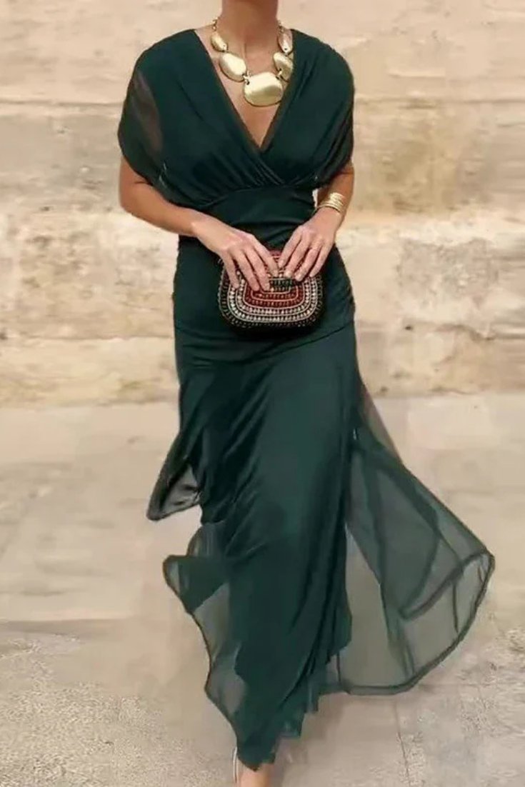 Women's Off Shoulder Ruched Sleeve Twisted Crossover Bodice Gathered Waist Flowing Maxi Dress