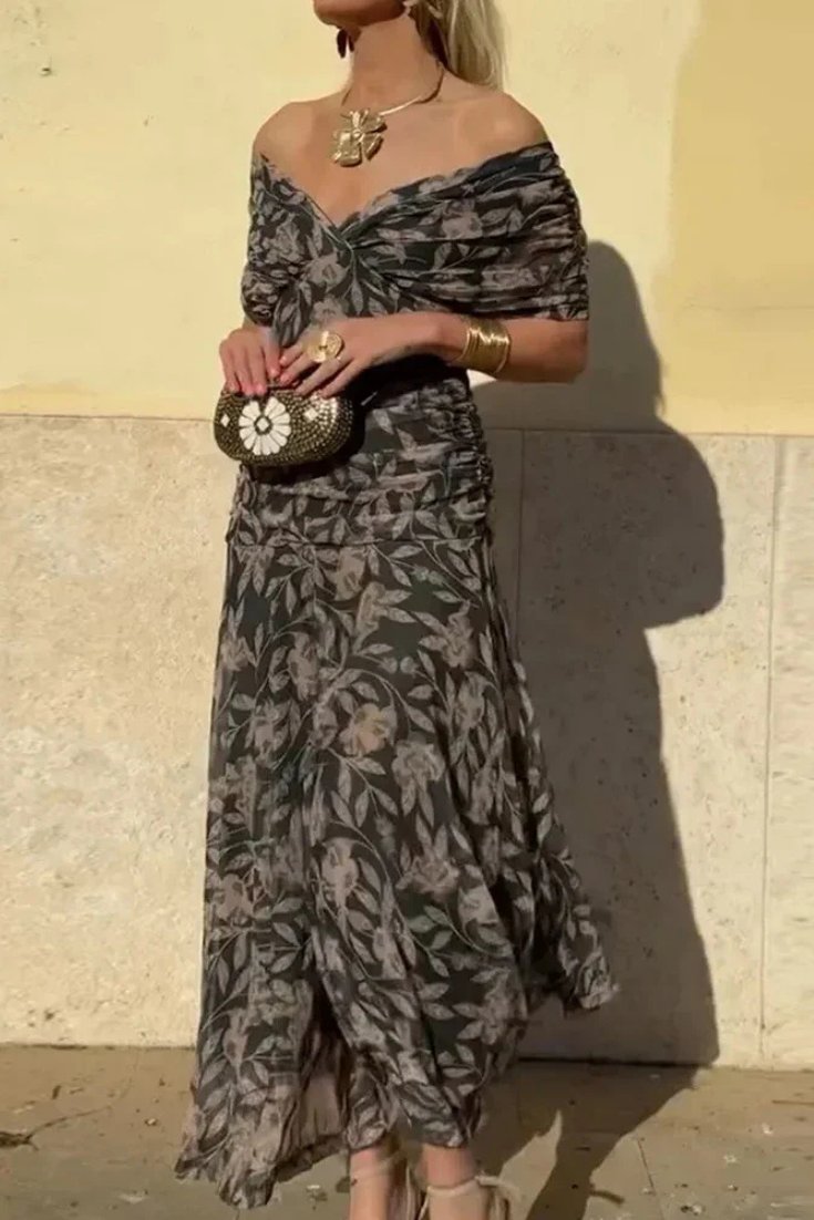 Women's Off Shoulder Ruched Sleeve Twisted Crossover Bodice Gathered Waist Flowing Maxi Dress