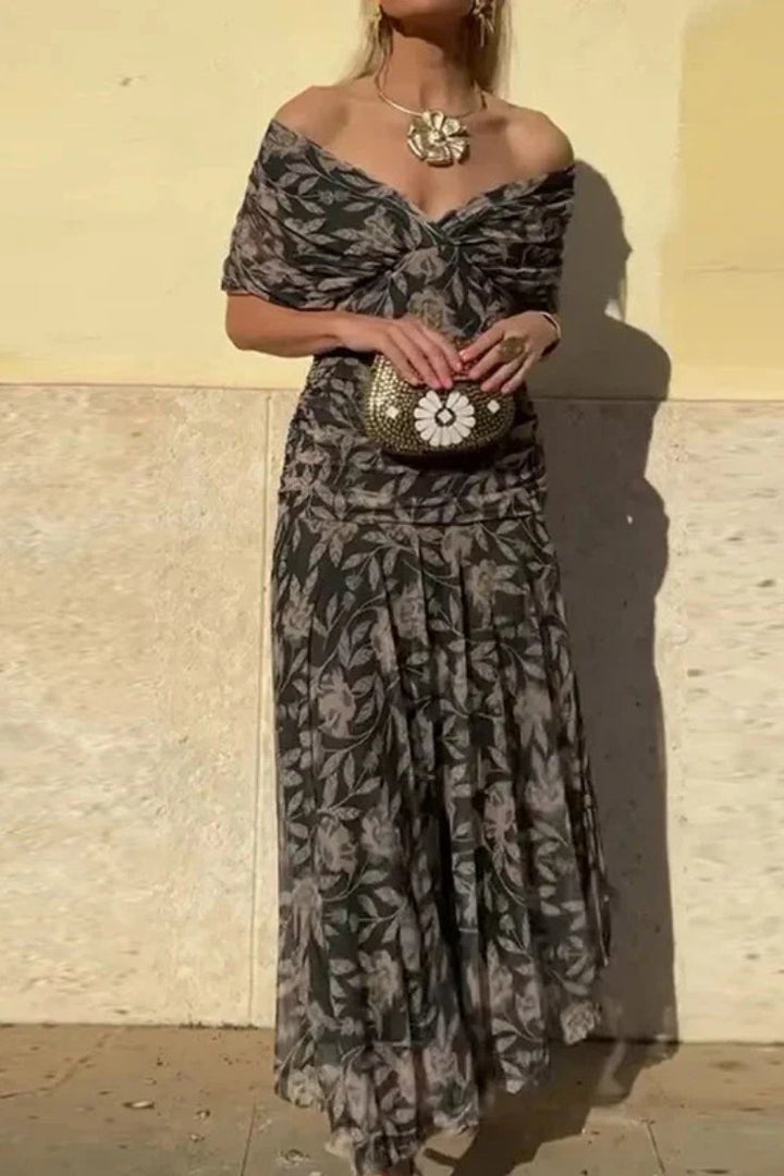 Women's Off Shoulder Ruched Sleeve Twisted Crossover Bodice Gathered Waist Flowing Maxi Dress