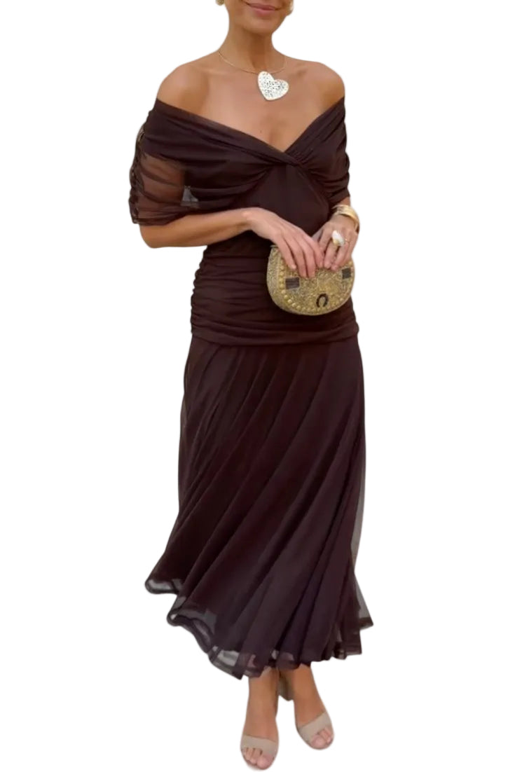 Women's Off Shoulder Ruched Sleeve Twisted Crossover Bodice Gathered Waist Flowing Maxi Dress