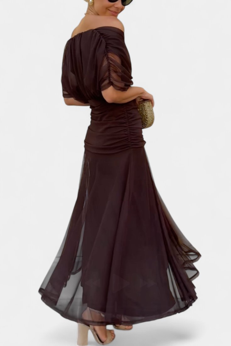 Women's Off Shoulder Ruched Sleeve Twisted Crossover Bodice Gathered Waist Flowing Maxi Dress