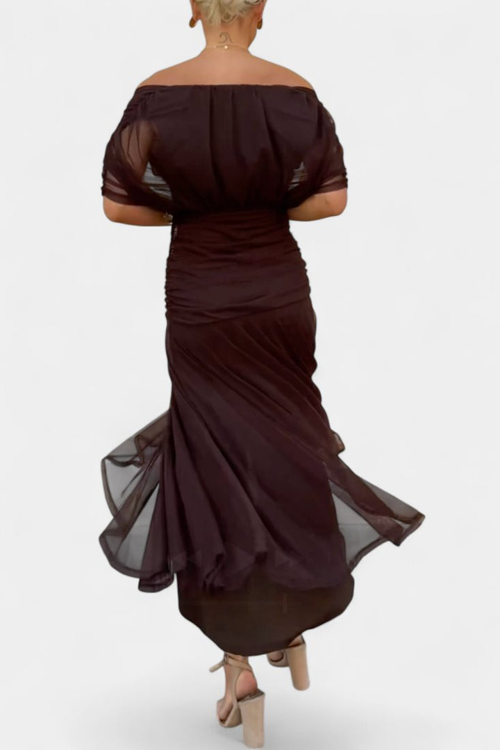 Women's Off Shoulder Ruched Sleeve Twisted Crossover Bodice Gathered Waist Flowing Maxi Dress