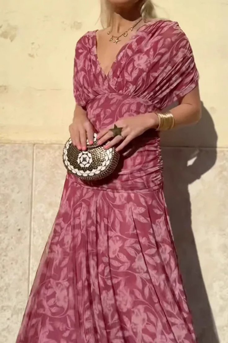 Women's Off Shoulder Ruched Sleeve Twisted Crossover Bodice Gathered Waist Flowing Maxi Dress