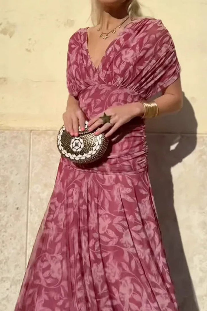 Women's Off Shoulder Ruched Sleeve Twisted Crossover Bodice Gathered Waist Flowing Maxi Dress
