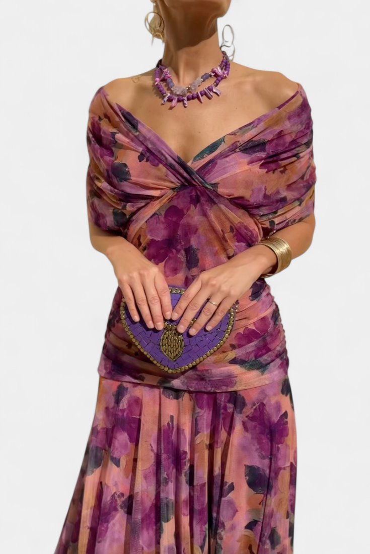 Women's Off Shoulder Ruched Sleeve Twisted Crossover Bodice Gathered Waist Flowing Maxi Dress