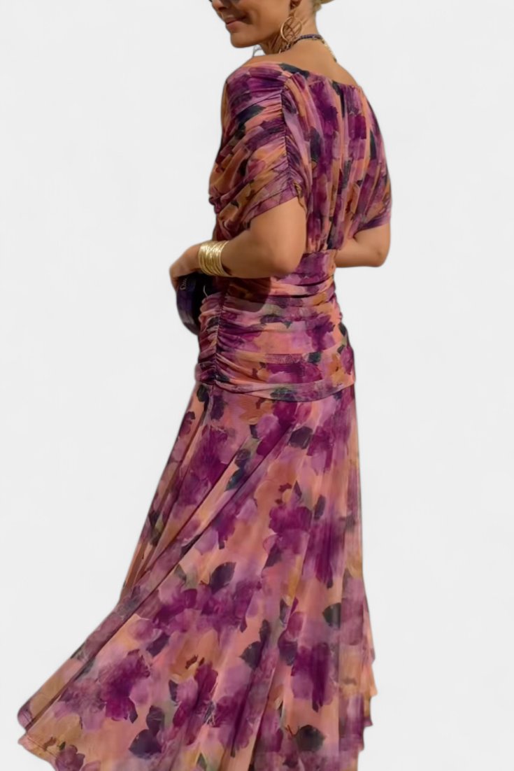 Women's Off Shoulder Ruched Sleeve Twisted Crossover Bodice Gathered Waist Flowing Maxi Dress
